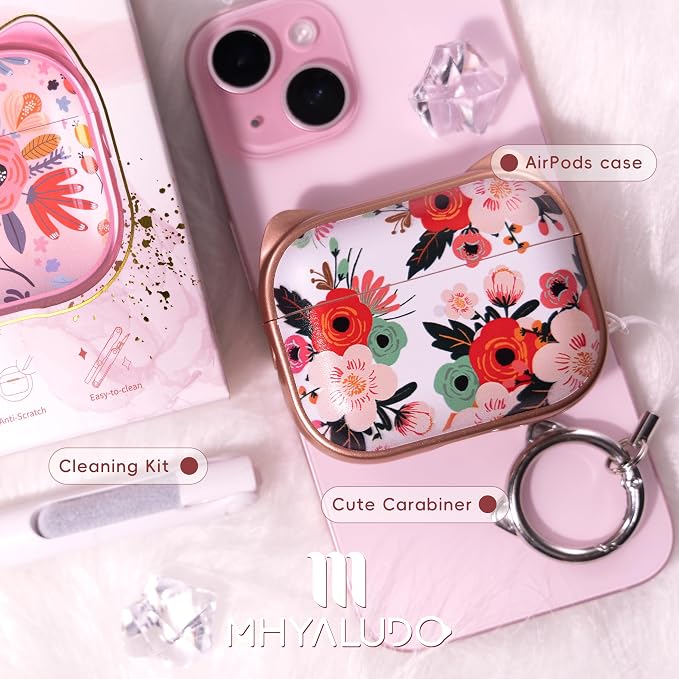for AirPods Pro 2 Case with Cleaning Kit, Cute Cat Ear Print Design & Cute Buckle for Girls, Phone Holder & Top Safe Lock Buckle Design for AirPods Pro 2nd/1st Gen case, Rose Gold Flower - Image 7