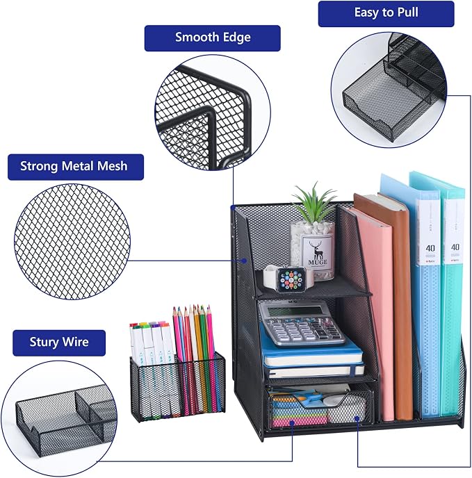 Topwey Desk Organizer, File Organizer for Desk with 2-Tier Paper Letter Tray, Drawer and 2 Pen Holder, Mesh Desktop Organization with Magazine Holder for Office Supplies - Image 2