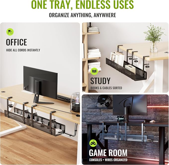 [Upgraded] 2 Pack Cable Management Under Desk Tray, Xpatee 27.6" No Drill Open Slots Cable Management Tray, Cord Wire Organizer Box with Clamp for Table Thickness up to 3" - No Desk Damage(Black) - Image 6