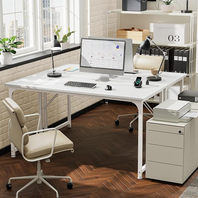 PRAISUN 55 X 20 Inch Computer Desk, Power Outlets, USB-C, White | Office Desk with 4 AC Outlets, USB & USB-C, Sturdy Metal Frame, Spacious Desktop for Work, Writing, Study & Gaming - Image 2