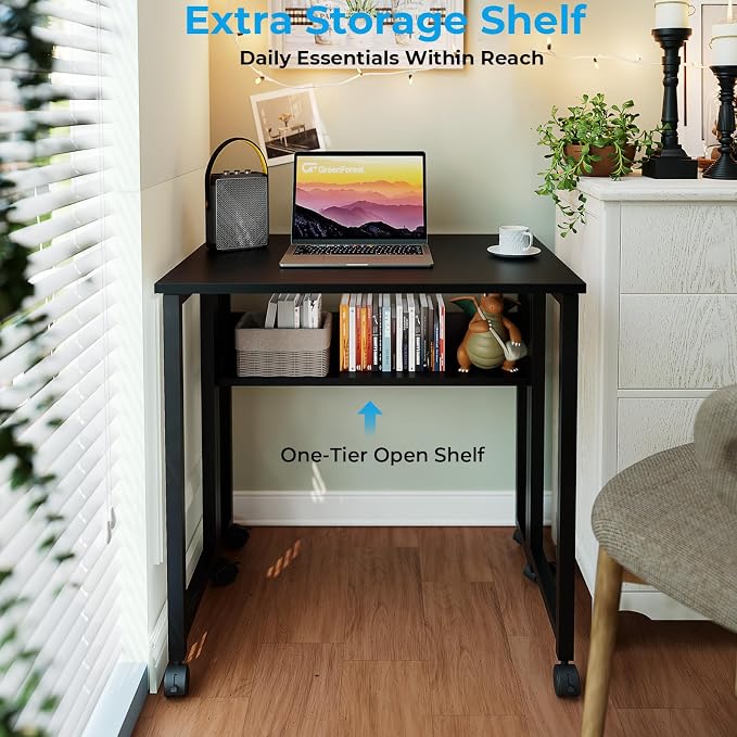 GreenForest Folding Desk with Wheels, 31.5" Rolling Table for Small Spaces | Storage Shelf, Lockable Casters, Compact Portable Workstation, Space-Saving Foldable Sofa Table, Home Office, Mobile, Black - Image 5