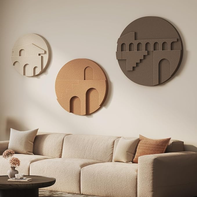 3D Textured Round Neutral Abstract Wall Art Set, 3 Piece Mid-Century Modern Geometric Sculpture Artwork for Walls, Minimalist Boho Earth Tone Paintings for Living Room Dinging Room Bedroom Wall Decor by Cuspin