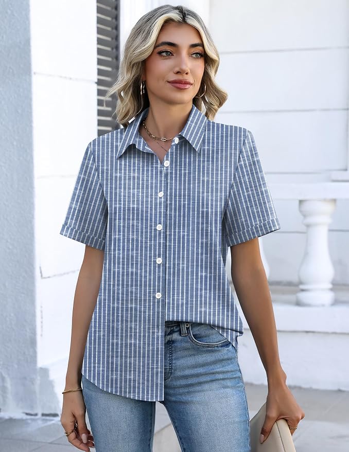 Zeagoo Button Down Shirts for Women Short Sleeve Collared Tops Dressy Casual V Neck Blouses - Image 4