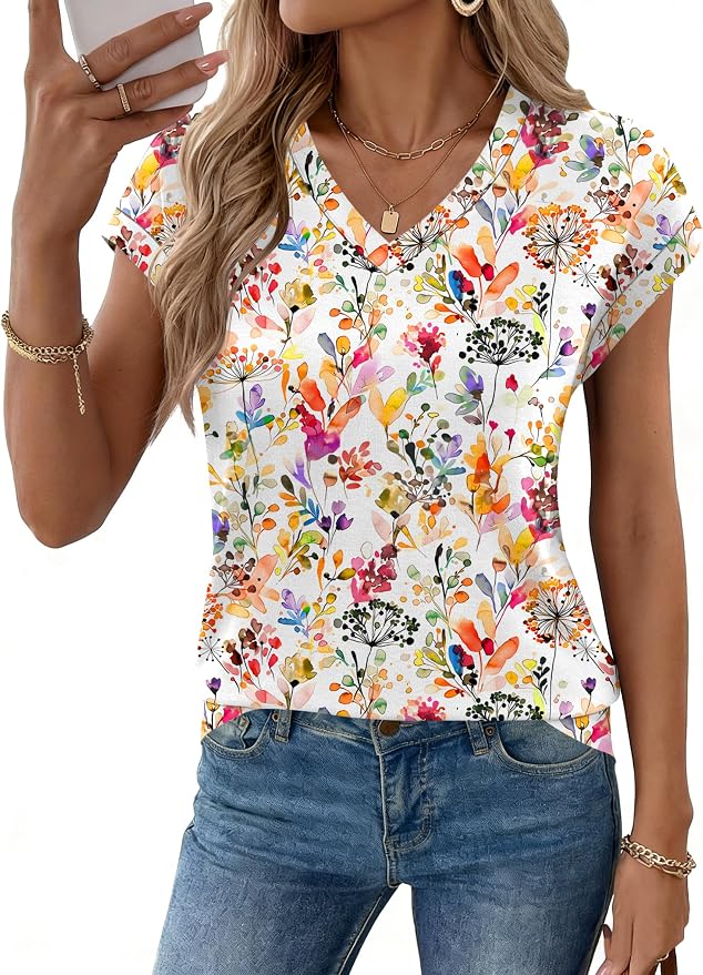 Rapbin Womens Summer Tops Women Blouses Dressy Casual V Neck T Shirts Short Sleeve Spring Tops for Women - Image 2