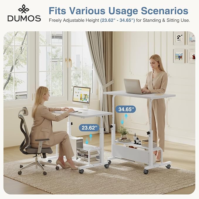 DUMOS Rolling Desk, Storage Shelves, Laptop Table, Home Office | Height Adjustable Design, Computer Desks on Wheels, Portable for Small Spaces Use, White - Image 6