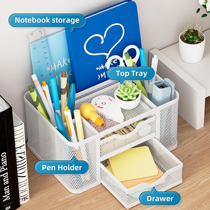 Marbrasse Mesh Desk Organizer, Pen Organizer with 2 Drawer, Multi-Functional Pencil Holder, Desk Organizers and Accessories with 5 Compartments + Drawer for Office Art Supplies (White) - Image 2