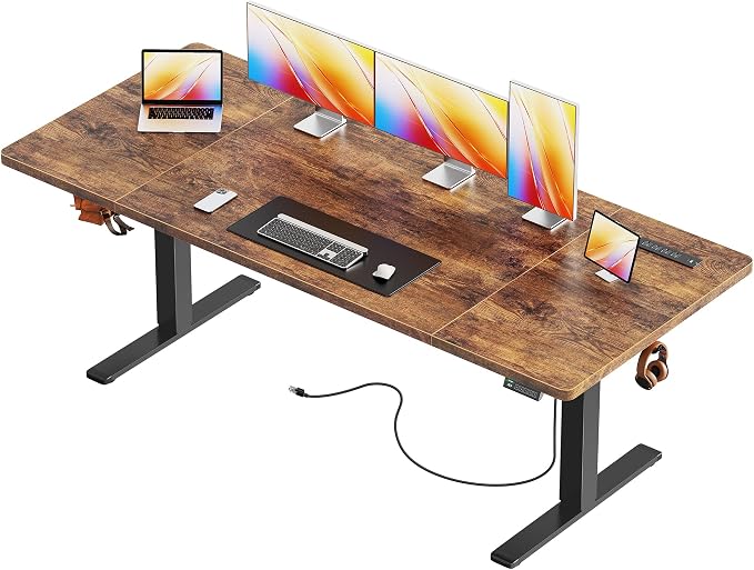Huuger 71 X 30 Inch Electric Standing Desk with Power Outlets and USB-C Port, Height Adjustable Desk, Sit Stand Desk for Home Office, Computer Desk with 4 Presets, Stable Steel Frame, Rustic Brown by Huuger