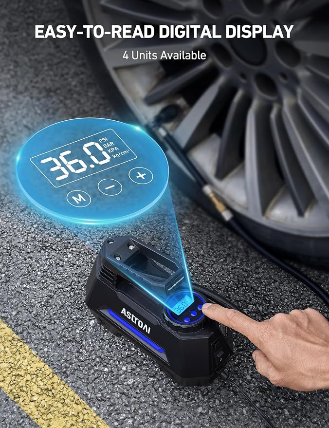 AstroAI AIRUN H Tire Inflator Portable Air Compressor,Fast Inflation Electric Air Pump for Car Tires-Car Accessories,9.8Ft Cord-12VDC-Powered Auto Shut-Off with Digital Pressure Gauge,LED Light,Blue - Image 5
