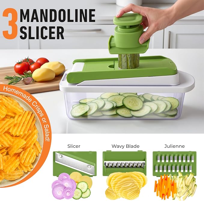 MUELLER HOME Pro-Series 10-in-1 Vegetable Chopper, 8 Blade Onion Mincer | Cutter, Dicer, Fruit Slicer with Container, French Fry Cutter Potato Slicer, Home Essentials, Salad Chopper White Sand/Green - Image 6