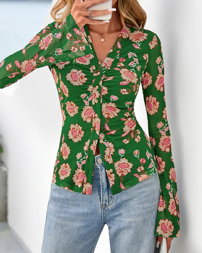 BTFBM Button Down Shirts for Women 2026 Fall Boho Tops V Neck Long Sleeve Blouses Ruched Mesh Fitted Fashion Clothing - Image 6