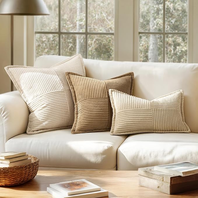 MIULEE Decorative Lumbar Throw Pillow Covers for Couch Bed Livingroom 12x20 Inch Set of 2 Cream Boho Accent Throw Pllows Broadside Striped Patchwork Soft Corduroy Pillowcases - Image 4