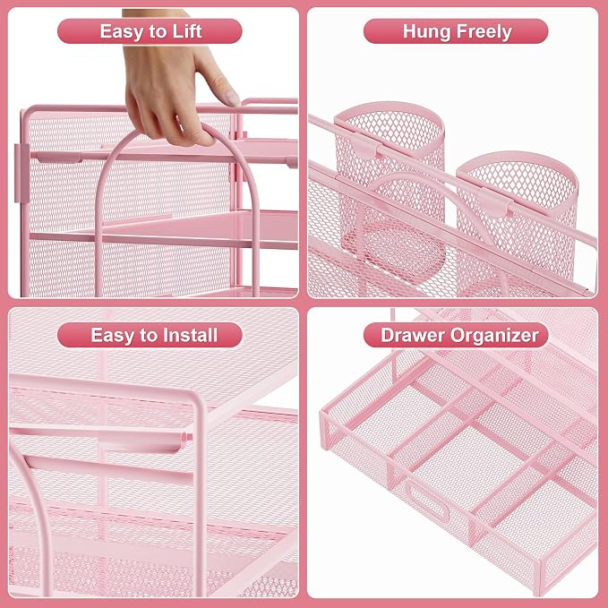 Marbrasse Desk Organizer, 4-Tier Paper File Letter Tray, Pink-2P | Sturdy Paper Tray, File Holder, Built-in Drawer, 2 Pen Slots, fits Letters/Files, for School Home Office Supplies - Image 3