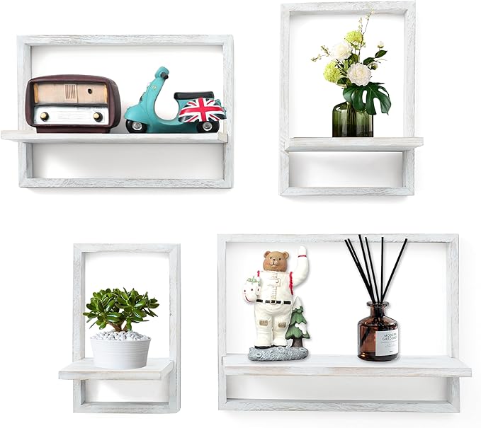 PHOENANCEE Square Floating Shelves,Framed Wall Shelf Decorative Set of 4,Modern Plants Hanging Display Art Decor Storage for Livingroom Bedroom Bathroom Farmhouse,Home Light Wood,Rustic White by PHOENANCEE