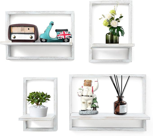 PHOENANCEE Square Floating Shelves,Framed Wall Shelf Decorative Set of 4,Modern Plants Hanging Display Art Decor Storage for Livingroom Bedroom Bathroom Farmhouse,Home Light Wood,Rustic White by PHOENANCEE