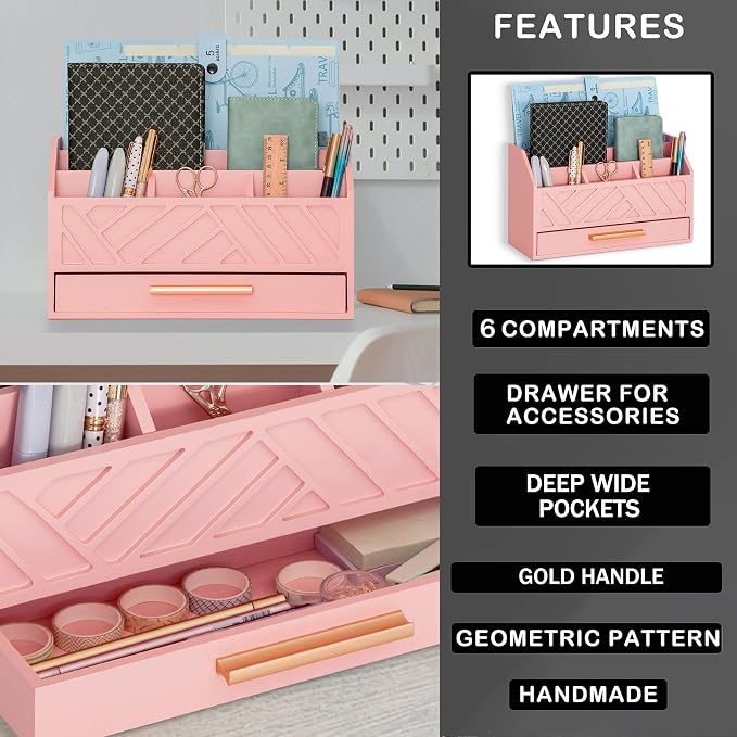 dreampossible Pink Wood Desk Organizer and Accessories with Drawer, Bill Mail Organizer and File Mail Holder for Office Supplies, Modern Desk Accessories & Workspace Organizers for Desk Organization - Image 7