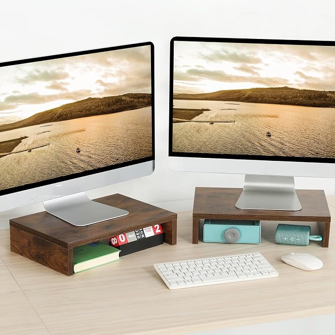 TEAMIX Monitor Riser - 2 Pack, Rustic Brown Wood Adjustable Stand for 2 Monitors/Laptop/PC - Image 7