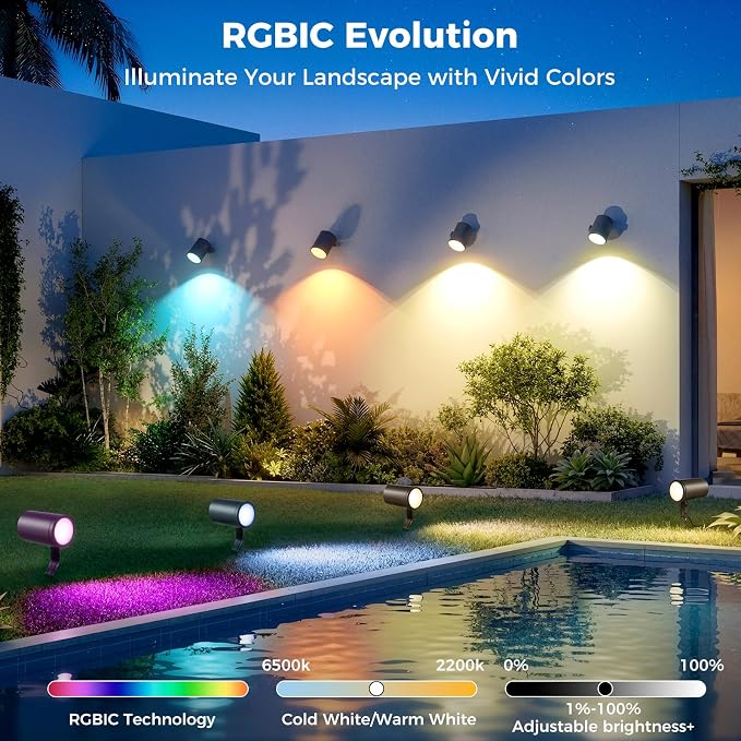 CDN Smart Landscape Spotlights, 4 Pack RGBCW Outdoor Lights, IP65 Waterproof & Dimmable, Compatible with Alexa/Google Assistant, for Garden Yard Pathway Decor - Image 3