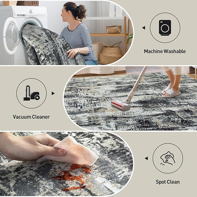 10x14 Area Rugs Washable Rug: Modern Abstract Living Room Rug Soft Anti-Skid Thin Carpet Indoor Floor Non-Shedding Carpets for Bedroom Dining Room Farmhouse Nursery Home Office Black Grey Gold - Image 4