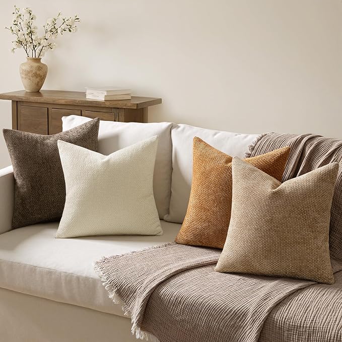MIULEE Pack of 4 Brown Couch Throw Pillow Covers 24x24 Inch Soft Decorative Chenille Pillows Farmhouse Accent Cushions for Boho Fall Home Decor Sofa Bedroom Living Room - Image 3