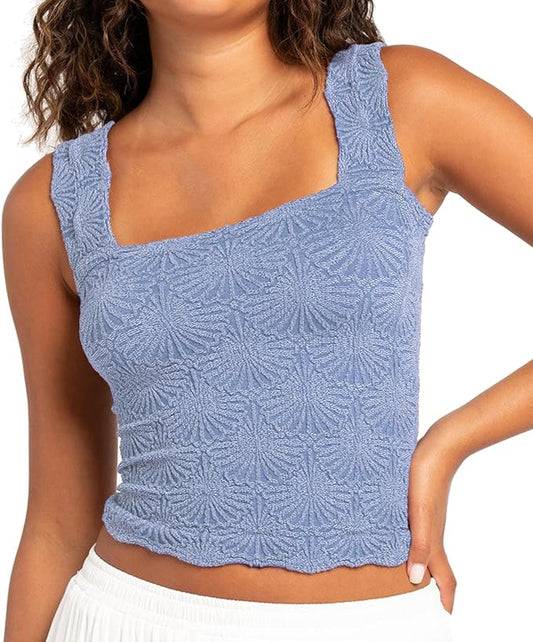 Women's Square Neck Wide Strap Crop Tank Tops Flower Going Out Tops Slim Fit Lettuce Trim Crop Cami Tops by NiceYourLife
