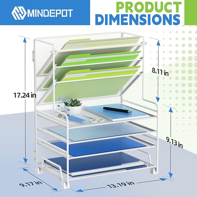 MINDEPOT 4-Tier Paper Organizer + 3-Pocket File Holder + Drawer + Pen Holders, Desktop File Organizers Paper Tray for Office Supplies School Classroom Organization (White, no Drawer & Pen Holder) - Image 2
