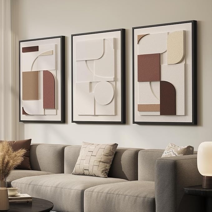 Large 3D Textured Framed Neutral Abstract Wall Art, Beige Brown Geometric Paintings Artwork for Walls, 3 Piece Modern Minimalist Earth Tone Pictures for Living Room Dining Bedroom Wall Decor 20x30 In by Cuspin