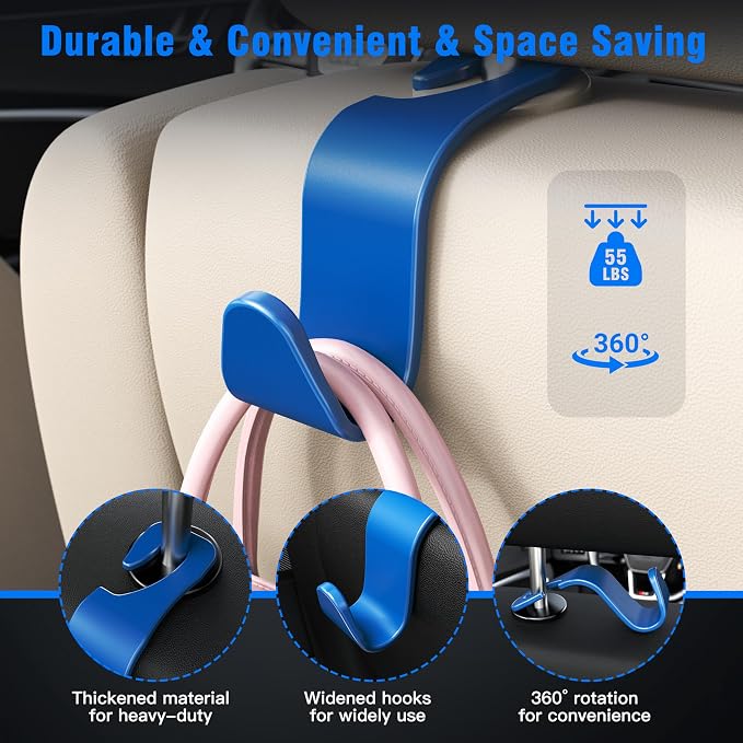 Amooca Car Seat Headrest Hook 4 Pack Hanger Universal Vehicle Car Storage Organizer for Handbag Purse Coat S Type Blue - Image 5