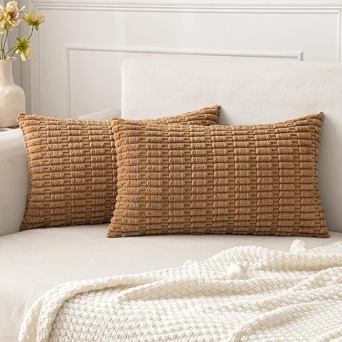 MIULEE Pack of 2 Corduroy Decorative Lumbar Throw Pillow Covers 20x12 Inch Soft Boho Striped Pillow Covers Modern Farmhouse Home Decor for Sofa Living Room Couch Bed Brown by MIULEE