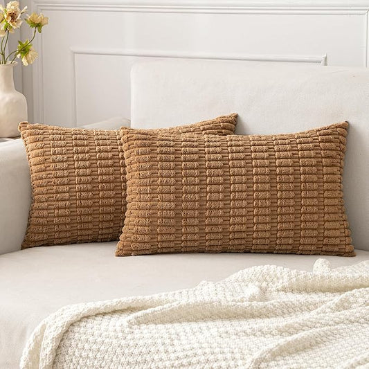 MIULEE Pack of 2 Corduroy Decorative Lumbar Throw Pillow Covers 20x12 Inch Soft Boho Striped Pillow Covers Modern Farmhouse Home Decor for Sofa Living Room Couch Bed Brown by MIULEE