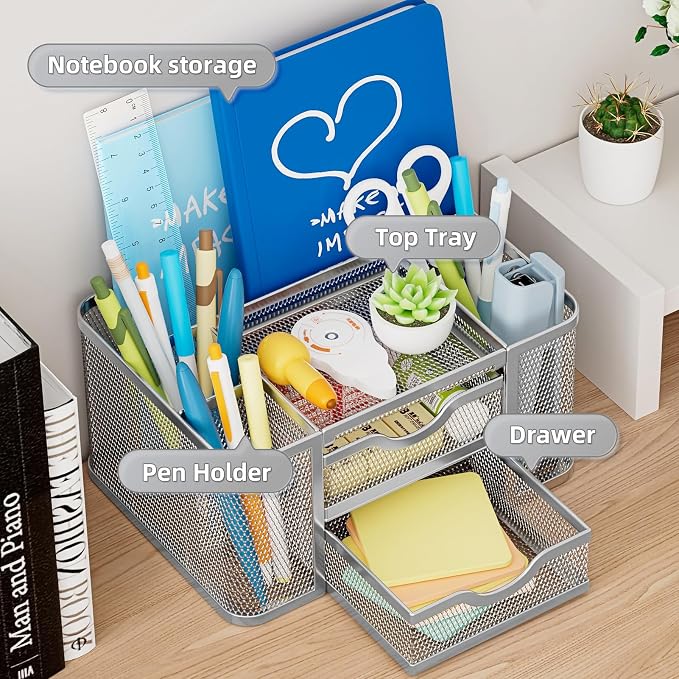 Marbrasse Mesh Desk Organizer, Pen Organizer with 2 Drawer, Multi-Functional Pencil Holder, Desk Organizers and Accessories with 5 Compartments + Drawer for Office Art Supplies (Silver) - Image 2