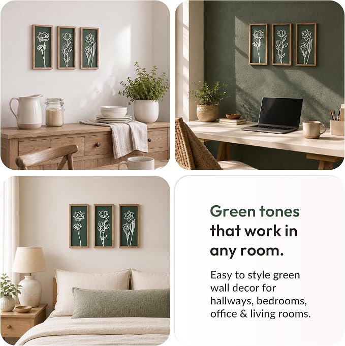 3D Floral Green Wall Art (Set of 3) Lightweight, Wooden Ready-to-Hang Boho Framed Wall Art for Bathroom, Master Bedroom, Living Room or Office - Premium Sage Green Farmhouse Decor - Gift-Boxed - Image 6
