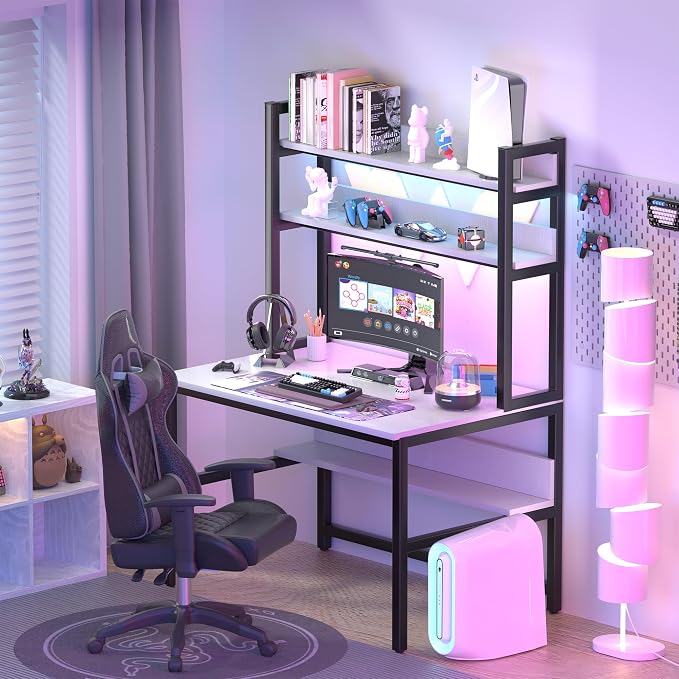 Aquzee Computer Desk with Shelves, 47" W x 23.6" D Gaming Desk with Hutch and Bookshelf, White Study Table for Bedroom Space Saving with 3 Tier Storage Shelf, Home Office Desk for Writing Work - Image 3