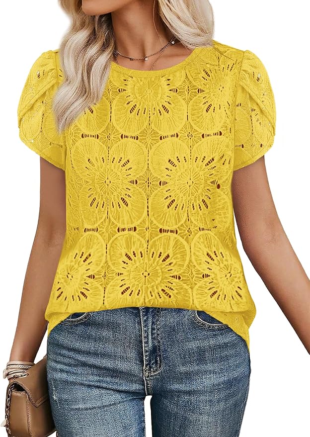 OFEEFAN Blouses for Women Dressy Casual Petal Short Sleeve Shirts Crochet Lace Boho Tops Spring Fashion Summer Outfits - Image 2