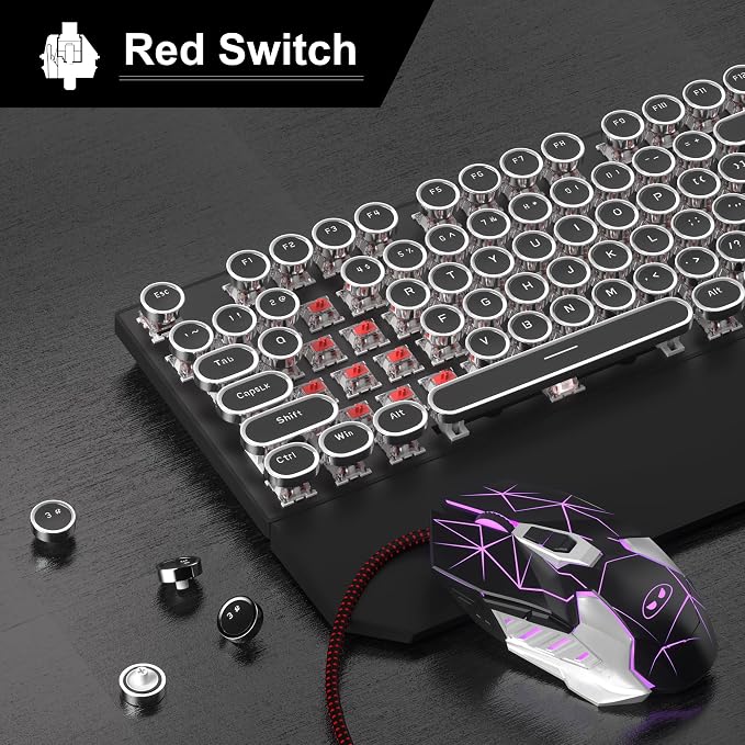 Retro Typewriter Keyboard and Mouse Combo, Cute Black Keyboard with Linear Red Switches, Full Size Wired Mechanical Gaming Keyboard, Cool Light Up Keyboard and Mouse for Gaming,Work,Mac,PC,Windows - Image 2