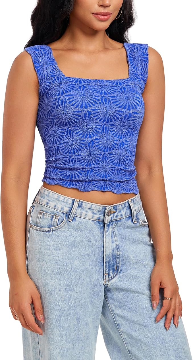 Women's Square Neck Wide Strap Crop Tank Tops Flower Going Out Tops Slim Fit Lettuce Trim Crop Cami Tops - Image 6