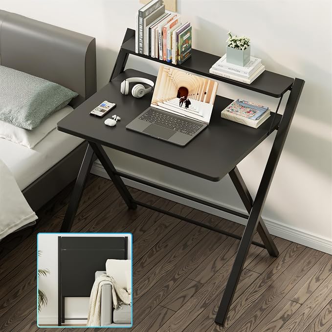 GreenForest Folding Desk No Assembly, Sturdy Computer Desk for Small Spaces | Portable Foldable Table for Laptop, 2-Tier Compact with Shelf, Space Saving for Home Office, Dorm, Apartment 24.5"x 30" Black - Image 7
