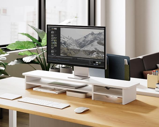 Fenge Monitor Stand, Dual Monitor Riser, 42.5inch Large Desk Computer Monitor Stand Riser with Drawer, 2 Tier Wood & Acrylic Desktop Organizer for Computer, Laptop, Printer, TV Screen Riser - Image 2