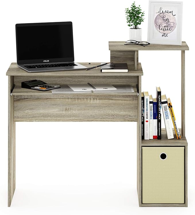 Furinno ECON Desk, 40-in Gaming Desk with Keyboard Tray, Computer Desk, Office Desk with Side Shelves and Storage Bin for Home Office, Study Room, Dorm, Light Oak - Image 4