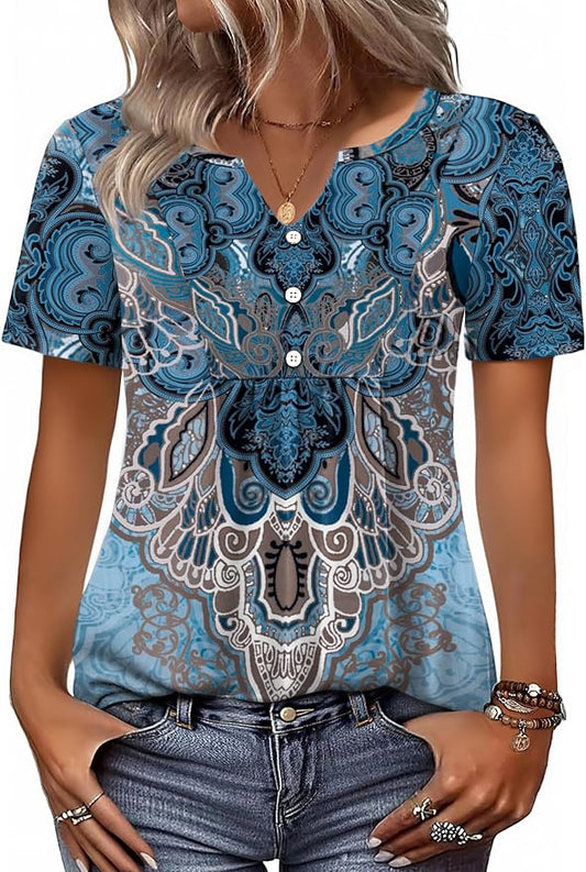 Zeagoo Womens Short Sleeve Tops Summer Henley V-Neck Tshirts Casual Pleated Blouse Dressy Loose Floral Basic Tee by Zeagoo