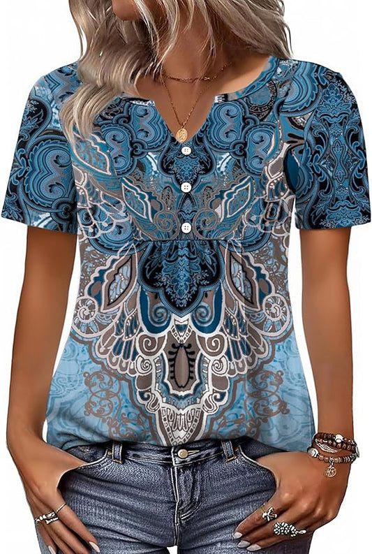 Zeagoo Womens Short Sleeve Tops Summer Henley V-Neck Tshirts Casual Pleated Blouse Dressy Loose Floral Basic Tee by Zeagoo