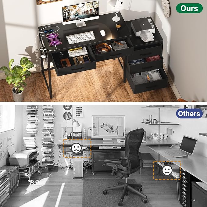 Unikito Reversible Computer Desk with 5 Drawers, Sturdy Office Desk with Power Outlets and USB Ports, Corner Writing Table with File Cabinet & Printer Stand, Vanity Desk with Storage, Black - Image 4
