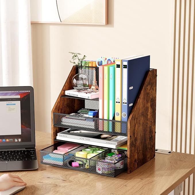 Homsorout Wooden Desk Organizer - Mesh File Organizer with Drawers and Pen Holder - 4-Tier Vertical Paper Letter Storage Tray, Desktop Organizers and Accessories for Home Office - Image 7