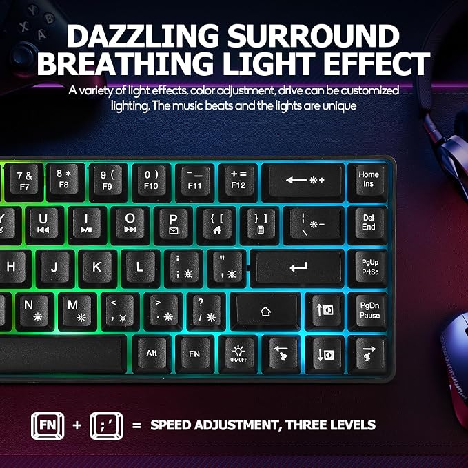 Guiheng Wired Portable 60% Mechanical Feeling Gaming Keyboard,RGB LED Backlit Compact 68 Keys Mini Wired Office Keyboard with Red Switch for Windows Laptop PC Mac - Black - Image 3
