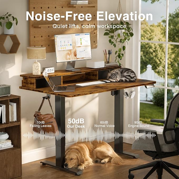 Veken 47x28 in Electric Standing Desk with Drawers, Adjustable Table, Brown | Stand up Computer Desk for Home Office, Work & Study, with Storage, 3 Memory Presets, Cable Organizer, Hook, and Quiet Lift. - Image 7