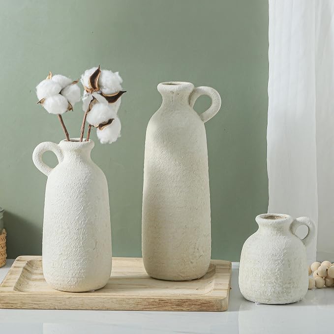 Ceramic Vase Set of 3 with Handle, Neutral Rustic Vases Home Decor Farmhouse Decorative Vase Whitewashed Pottery Decor Modern for Table Mantel Entryway Bookshelf Living Room Kitchen Bedroom - White - Image 8