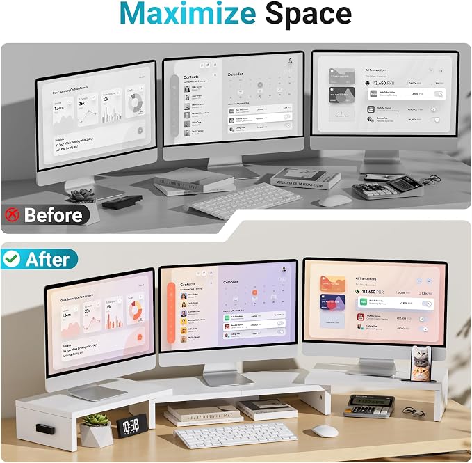BONTEC Triple Monitor Stand Riser with Smartphone Holder, White | Adjustable Length & Swivel Angle, Ergonomic Wooden Desktop Organizer for PC Monitor, Laptop, Printer, Large Storage, 53.3 in - Image 4