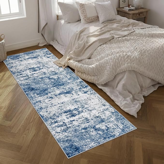 Washable Area Rug 3x10 Entryway Rug: Washable Modern Abstract Soft Thin Rug Indoor Floor No Slip Stain Resistant Carpet for Bedroom Dining Room Farmhouse Nursery Home Office - Blue - Image 2