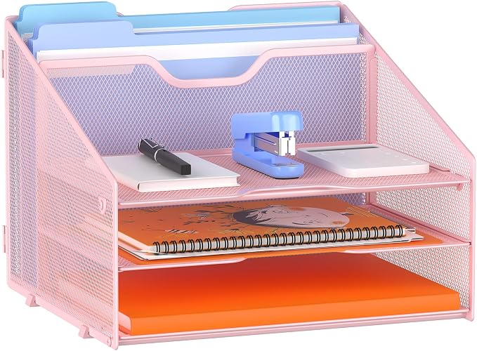 GAWERK Letter Tray Organizer, Mesh Desk File Organizer with 3 Paper Trays and 2 Vertical Upright Section (Pink) by Gawerk