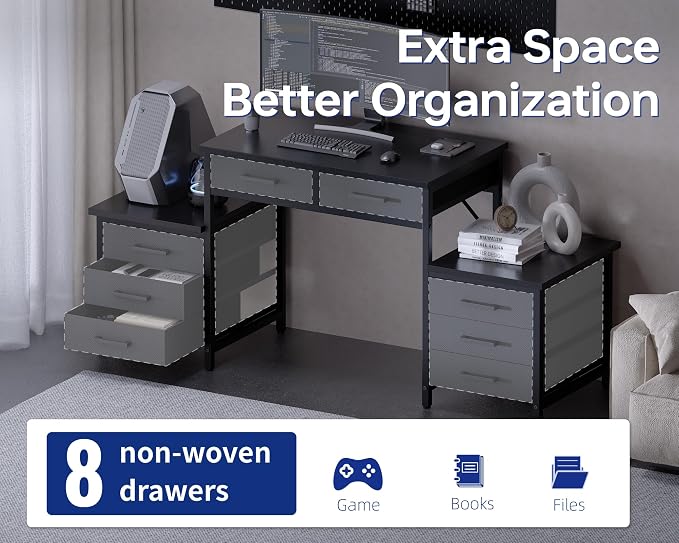 Pamray 63 Inch Office Desk with 8 Drawers and Printer Shelves for Computer | Space-saving, Ample Storage, Large Workspace, Easy Assembly, Sturdy, Suitable for Home Office Study Gaming, Bedroom and Dorms - Image 5