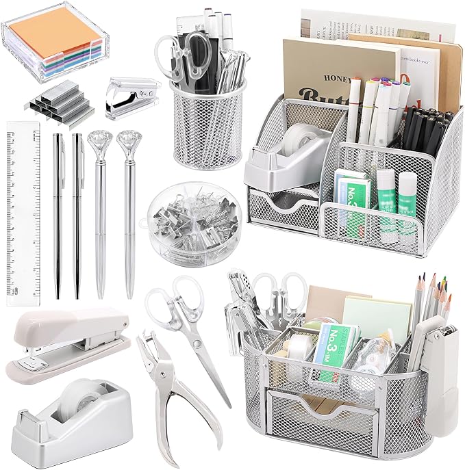 17 in1 Silvery Desk Organizers and Accessories Set, 3 Office Desk Supplies Storage Organization, 4 Pens, Stapler, Staples & Remover, Tape & Dispenser, Scissors, Ruler, Clips, Hole Punch Back to School by Froidesente